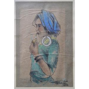 Pastel Portrait Of A Young Tonkinese Man-dên Smoking A Pipe, Circa 1940 Vietnam