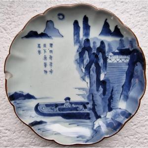 Japanese Arita Blue White Porcelain Dish Decorated With The Ode To The Red Cliff