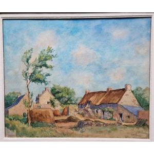 Breton Watercolor Old Thatched Cottage Farm In Carnac In 1944 Brittany Morbihan By Jm Renard