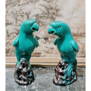 Pair Of Chinese Porcelain Parrots Enameled Turquoise And Eggplant Manganese Export