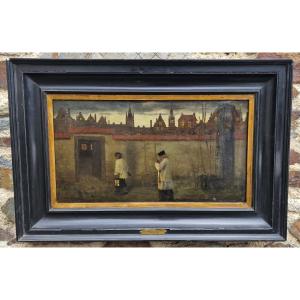 Belgian Painting By Aloïs Boudry Scene Of The Priest And His Heart Child At Nightfall