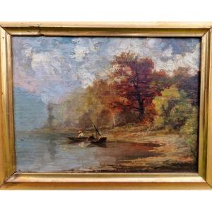 Painting Hsp By Théodore Levigne Fisherman Near A Barbizon Style 