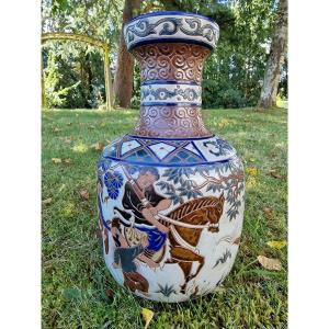 Stoneware Vase From Bien Hoa In Asian Vietnam Sandstone Decor Of Horsemen And Children