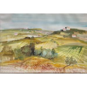 Large Watercolor Landscape Of Roussillon By Michel Jouenne Official Painter Of The Navy