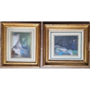 Lot Of 2 Pastel Paintings By Lucien-victor Guirand De Scévola (1871-1950) Gallant Scenes