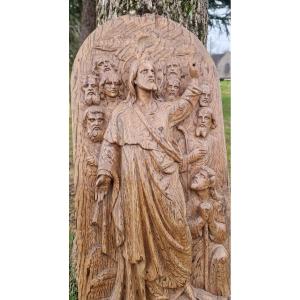 Altarpiece Panel In High Relief Carved Mesh Oak The Resurrected Christ And Apostles