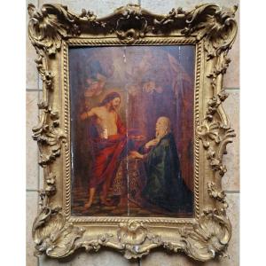 Painting 17th Mark Of The Antwerp Guild Apparition Christ To The Virgin Flemish Religious