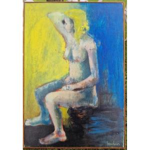 Painting Nude Woman Model Seated By Bauduin Circa 1970 Oil On Canvas