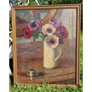 Still Life With A Bouquet Of Anemones Flowers In Front Of A Mirror By Emile Mesnager Nantes
