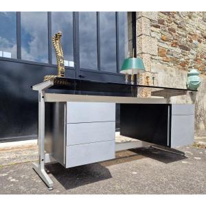 Large Desk By Etienne Ferminger In Aluminum And Smoked Glass With Double Boxes And Drawers