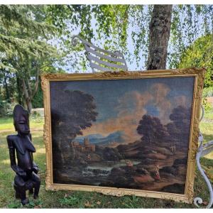 Painting 18th French Or Italian School Bucolic Mountain Landscape And Its 18th Century Frame