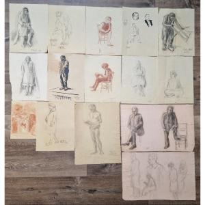 Lot Of 15 Studies Pencil Drawings Charcoal Paper By Pauline Watel Laval #6 Studio Background