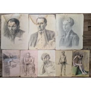 Set Of 8 Pencil Drawings Charcoal Paper Studies By Pauline Watel Laval #7 Studio Background