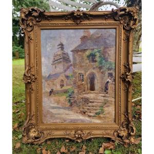 Painting Church Street In Le Faouet Around 1900 Breton School Notre Dame De l'Assomption