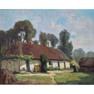 Painting Woman At The Cottage Farm In Brière By Emile Gautier Circa 1950 Vendée