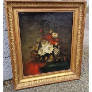 Painting With A Bouquet Of Pink Flowers On A Table Circa 1860 In The Style Of N Diaz De La Peña