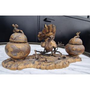 Large Japanese-style Turkey Cock Inkwell Patina Silver, Copper And Gold