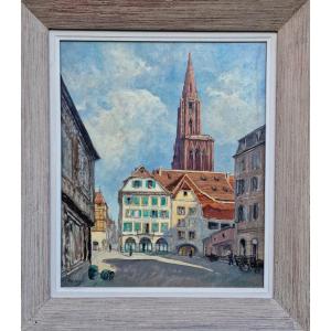 Painting The Suckling Pig Market Square In Strasbourg In Front Of The Cathedral Alsace
