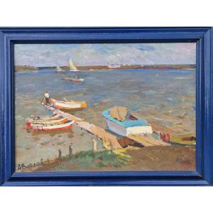 Russian Painting Boats At The Landing On The Lake By Arseny Vlasov Evtikhievich Noginsk Moscow