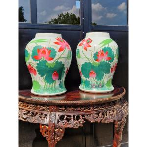 Pair Of Chinese Lotus Flower Decorated Qianjiang Vases Circa 1900 To Mount Lamp
