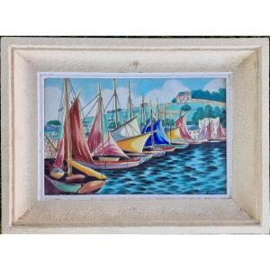 Ceramic Painting With Longwy Enamels, Boats At The Port In Audierne, Brittany, By Paul Mignon