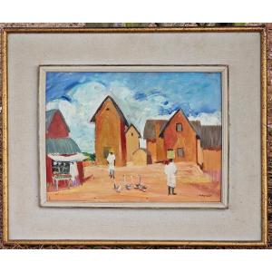Painting By Stéphane Magnard View Of A Square Or Market In Madagascar, Africanist Orientalist School