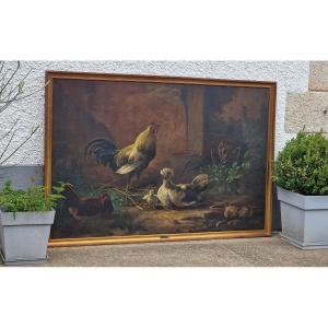 Large Painting Of A Rooster, Hen And Fox. Provenance: Augustine Des Cars Family, Sourches Castle.