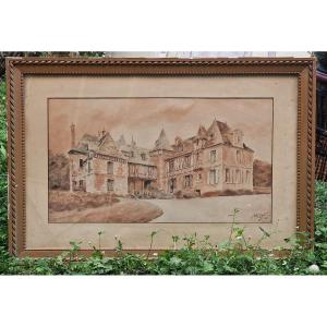 Large Watercolor Painting Representing The Castle Of Saint Pierre De Cernières In Eure.