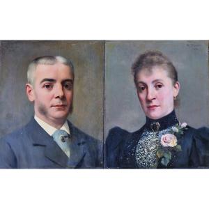Pair Of Portraits Of A Man With Sideburns And His Wife In 1892 By Charles Baptiste Schreiber
