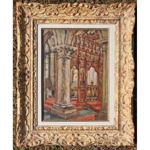 Painting Of A Church Interior Circa 1940, Brittany, With Its Patinated Wooden Montparnasse Frame 