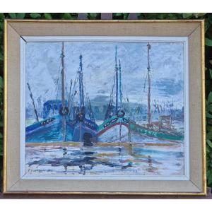 Painting Of Fishing Boats In The Port Of Concarneau, Finistère, Brittany, By Pierre Bestion 