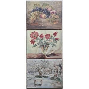 Lot Of 3 Paintings By Pierre Cadre (1884-1972) Snow Landscape, Still Life, Bouquet Of Flowers