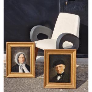 Pair Of Victorian Period Portrait Paintings Of A Couple Circa 1880, Man With A Hat And Woman