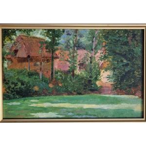 Neo-impressionist Painting Of Thatched Cottages In The Forest, In The Style Of Maximilien Luce