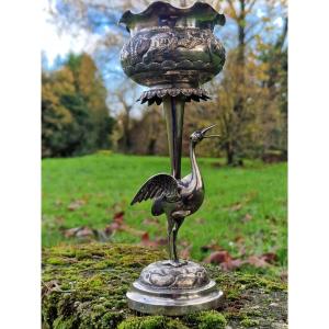 Vase Or Footed Bowl With A Crane Heron In Indian Silver, Bombay, India Export, 90 Vietnam