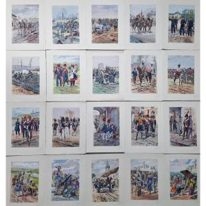 Set Of 20 Colored Military Engravings By Pierre Albert Leroux (1890-1959) Depicting Infantry Scenes