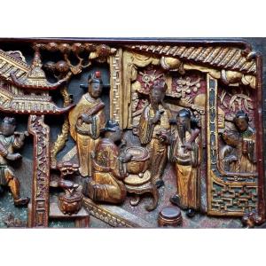 Pair Chinese Vietnamese Wedding Bed Panels In Carved, Lacquered And Gilded Wood, Nguyen Style