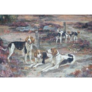 Painting Of A Hunting Scene By Tristan Lacroix, Dogs Resting At The Edge Of A Forest, Hunting