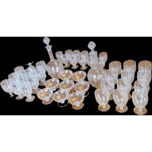 Baccarat Golfe Juan Glassware Service With Engraved Art Deco Decoration, Including Decanters And Champagne Coupes