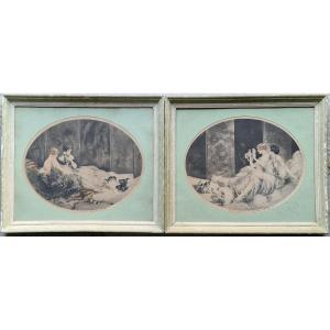 Pair Of Elegant Art Deco Etchings By Louis Icart (1888-1950) Featuring Puppies And Kittens