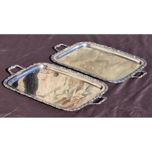 Pair Of Large Silver-plated Metal Serving Trays 