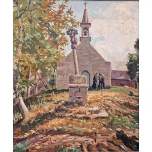 Painting Of The Saint Giles Chapel At Guermeur In Guern By Georges Boucard, Brittany, Morbihan