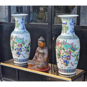 Pair Of Large Chinese Famille Rose Porcelain Vases, Jiaqing Brand.