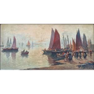 Large Breton Seascape Painting: The Arrival Of The Fishermen At The Port By Mariette Lefevre Defive