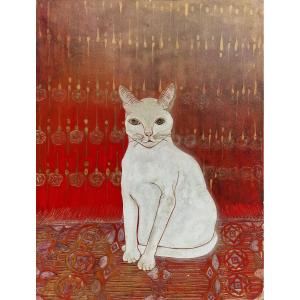 Important Art Deco Lacquer Panel Depicting A White Cat On A Red Persian Rug, Khao Manee, Thailand