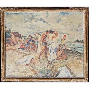 Large Painting Of A Beach Scene, Bathing, By The American Painter Herbert Barnett, Brittany, 1935