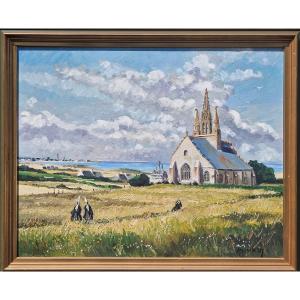 Important Painting Mass At Tronoën In Penmarc'h Finistère By Michel Margueray Bretagne