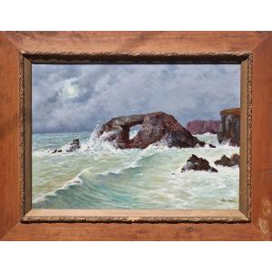 Important Painting La Roche Percée à Belle-île-en-mer Morbihan Bretagne By Pol Noël Breton