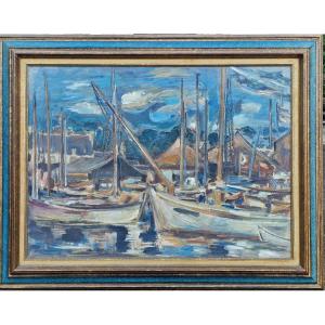 Important Seascape Painting Featuring Boats At Dock In A Breton Or Norman Port, In The Expressionist Style