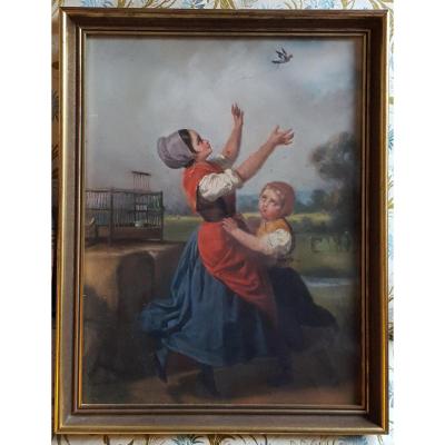 Pastel 19th Attr. Dillens Hendrick Joseph (henri) Belgian School Circa 1850.